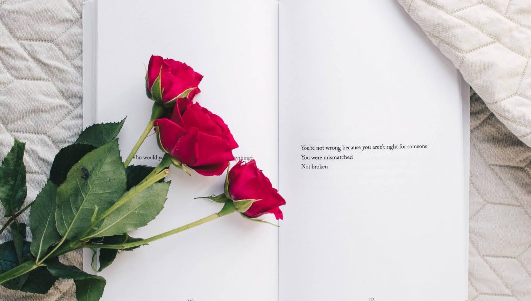 Roses on top of an open book beside a page that reads "You're not wrong because you aren't right for someone You were mismatched Not broken"